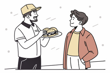 Friendly Waiter or Delivery Man Serving Fresh Burgers to Happy Male Customer in Fast Food Restaurant Concept