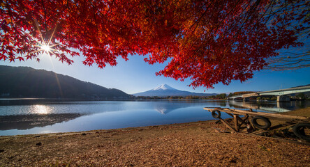 Mountain fuji with red maple in Autumn, Kawaguchiko Lake, Japan