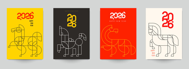 Modern template design with silhouette horse in fashion minimalist style. Chinese new year 2026. Set holiday background for cover, invitation, poster, banner, flyer, placard. Vector illustration.