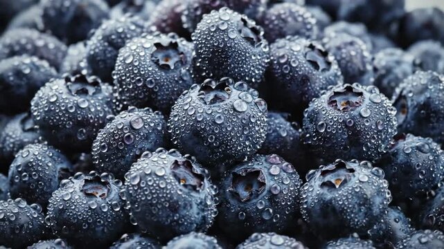 Close-up 4K macro shot of fresh blueberries glistening with water droplets, showcasing their vibrant color and texture