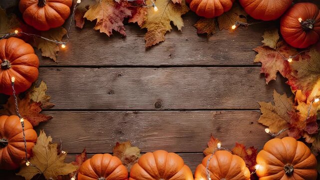 Pumpkins, leaves, and fairy lights arranged on a rustic wooden background, creating a fall design