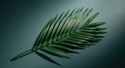 Obraz premium Single green palm leaf casting dramatic shadow on dark teal background in minimal botanical nature composition