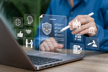 Business Ethics and Legal Compliance Concept, Businesswoman Reviewing Legal Documents, Trust, Transparency, Corporate Governance, Fair Business Practices, Regulatory Compliance, Online Legal