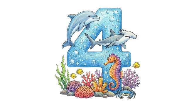Cheerful aquatic number four illustration with sea life theme. happy dolphin, hammerhead shark, seahorse, and crab surround bubbly numeral on vibrant coral reef
