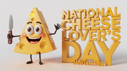 Joyful cheese slice character celebrates national cheese lover's day holding a knife on january 28, showcasing a culinary event