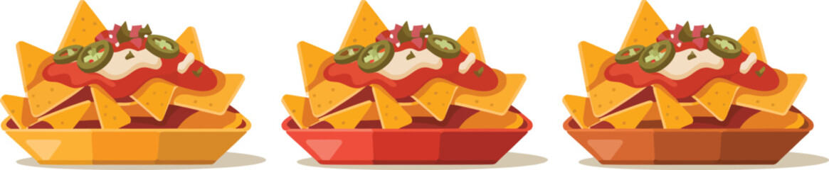 Three plates of nachos with various toppings including cheese, salsa, and jalapenos isolated on transparent background