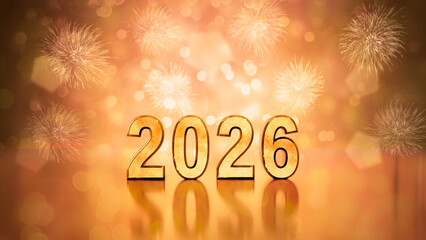 New Year 2026 banner in gold, festive luminous blurred background with fireworks. Bokeh effect