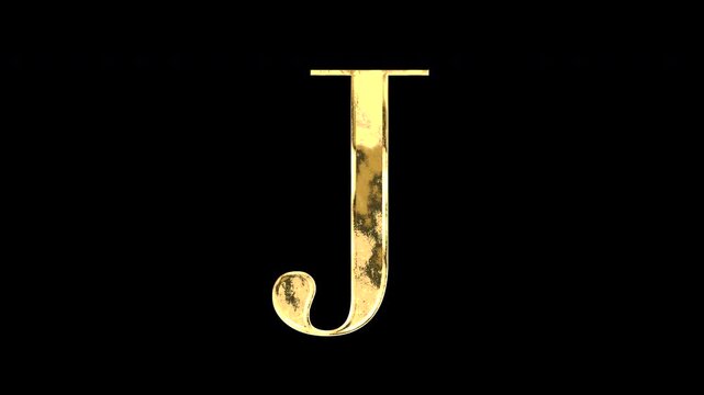 Gold uppercase alphabet &ldquo;J&rdquo;, Serif, light reflecting and patterns shifting, alpha channel