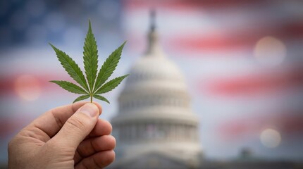 Cannabis leaf held in front of US Capitol and flag, for legalization policy.