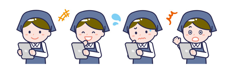 タブレットを使う「スタッフ」の男性