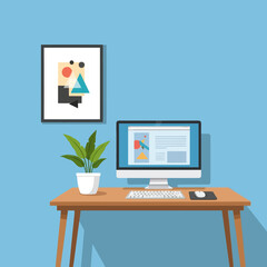 Fototapeta premium Modern workspace with a computer monitor and a vibrant framed abstract art piece on a bright blue