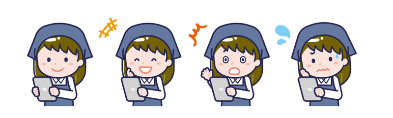 タブレットを使う「スタッフ」の女性