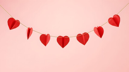 Red heart garland on pink background for valentine s day decoration