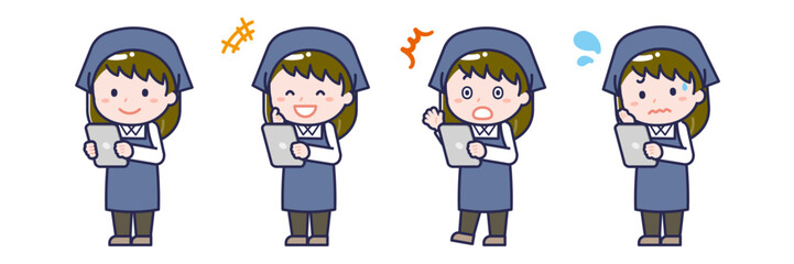 タブレットを使う「スタッフ」の女性