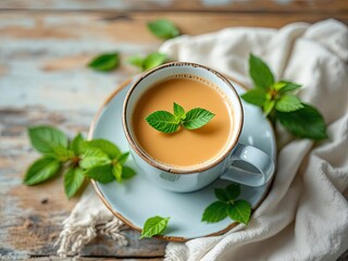 Cup of tea with mint on saucer, wood background and cloth