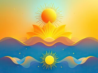 Stylized sunrise over water, with a lotus flower design