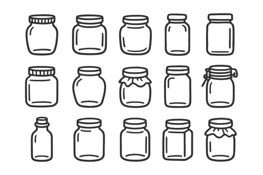 Collection of hand-drawn different jar designs in black and white.