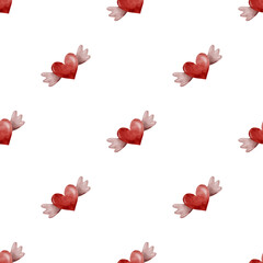 Digital Watercolor Winged Heart Seamless Valentine Pattern