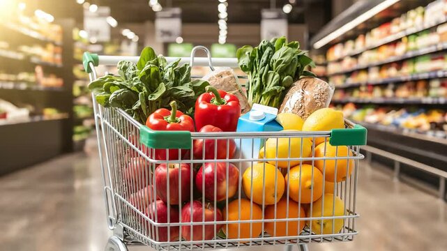 Full grocery shopping cart overflowing with fresh fruits vegetables and bread inside a supermarket aisle