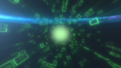 Glowing green digital tunnel with floating geometric shapes forming a dynamic sci-fi data vortex