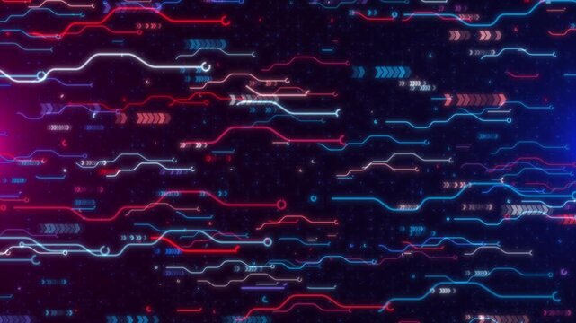 Abstract Digital Data Flow On Futuristic Circuit Board Network Background. Glowing Lines And Arrows Representing High-speed Information Transfer, Cyber Technology, Ai, And Big Data.digital Data Flow  