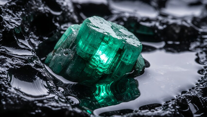 Raw emerald crystal in dark obsidian rock with light reflection, luxury gemstone macro photography.