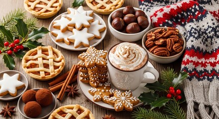 Fototapeta premium Festive Feast: An inviting assortment of seasonal treats, with aromatic spices, a warming cup of cocoa, and the cozy touch of winter decor creating a scene of holiday warmth and comfort.