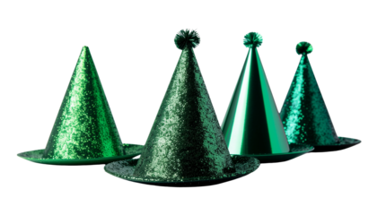 Four Assorted St. Patrick's Day Party Caps with Festive Colors and Designs, Isolated on Transparent Background