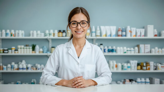Female pharmacist smiling confidently in a modern pharmacy with shelves of medicine