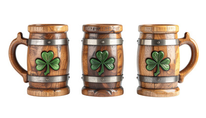 Three Wooden Beer Steins with Carved Shamrock Details, Isolated on Transparent Background
