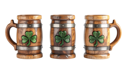 Three Wooden Beer Steins with Carved Shamrock Details, Isolated on Transparent Background
