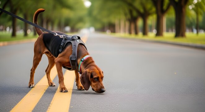 Bloodhound Dog Sniffing the Ground On a Road With Yellow Lines During the Daytime