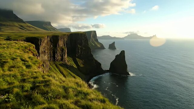 Majestic coastal cliffs and sea stacks bathed in golden hour sunlight with dramatic clouds