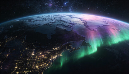 Obraz premium Luminous Aurora Over Earth's Horizon with Celestial Atmosphere, Nighttime Universe Light Show - Perfect for Space, Cosmic, or Astrophotography