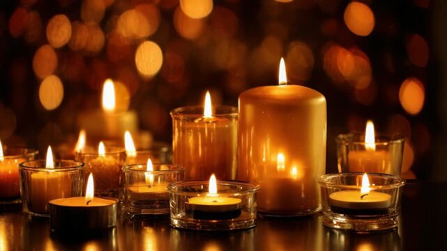 Warm Candlelight Glow with Reflections on a Dark Table and Blurred Bokeh Background Creates a Cozy and Intimate Atmosphere with Soft Lighting
