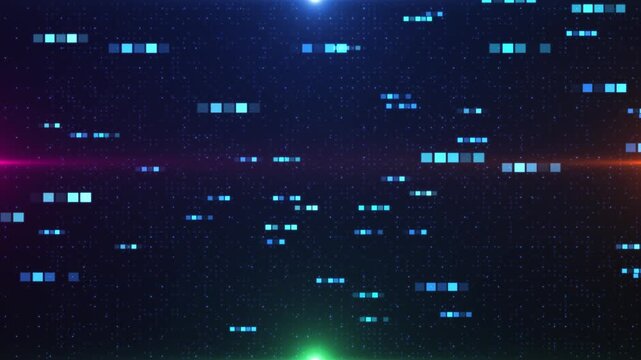 Abstract Digital Data Stream Background With Blue Pixels, Light Flares, And Futuristic Grid Motion, Abstract Digital Data Flow Background With Glowing Pixels And Colorful Light Flares