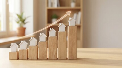 Wooden bar chart with house icons and upward arrow for housing market analytics.
