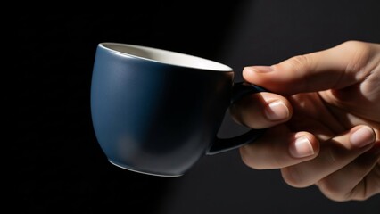 A hand holding a black coffee mug against a dark background