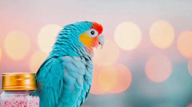 Striking blue feathered parrot with vibrant orange and red plumage observes clear container of tiny pink sweets, bathed in soft, dreamy illumination.