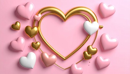 Golden Heart Frame Surrounded by Pink and White Hearts Decoration.