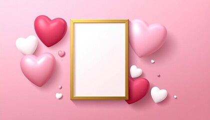 Golden Frame Surrounded by Romantic Heart Balloons on Pink Background.