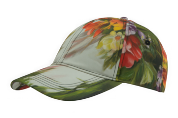 A baseball cap with a floral print