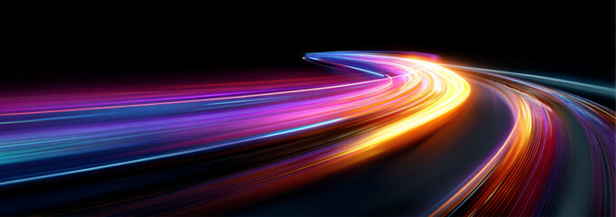 Neon speed lines spiral across a high-speed night city road. Flowing light trails illustrate dynamic motion and futuristic energy. Modern technological illustration presented in vector.  © Strongstock03
