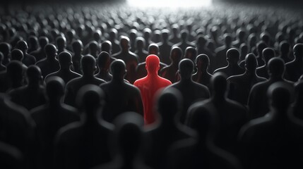 Fototapeta premium Red figure standing out in a crowd of black silhouettes, spotlight effect