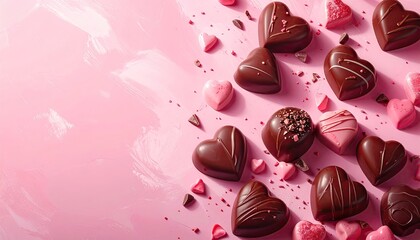 Delicious heart shaped chocolates and candies arranged on a textured pink background for celebration.
