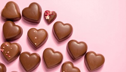 Sweet heart shaped chocolates arranged on a soft pink background.