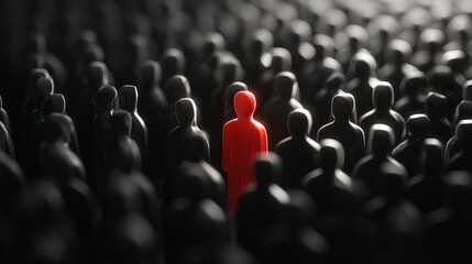 Fototapeta premium Red figure standing out among black silhouettes in crowd illustration