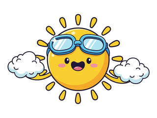 Cute Smiling Sun Cartoon Character Holding Clouds Illustration