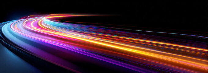 Neon speed lines spiral across a high-speed night city road. Flowing light trails illustrate dynamic motion and futuristic energy. Modern technological illustration presented in vector.  © Strongstock03