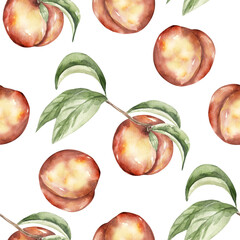 Watercolor hand painted Peach fruit Seamless Pattern, food repeat paper